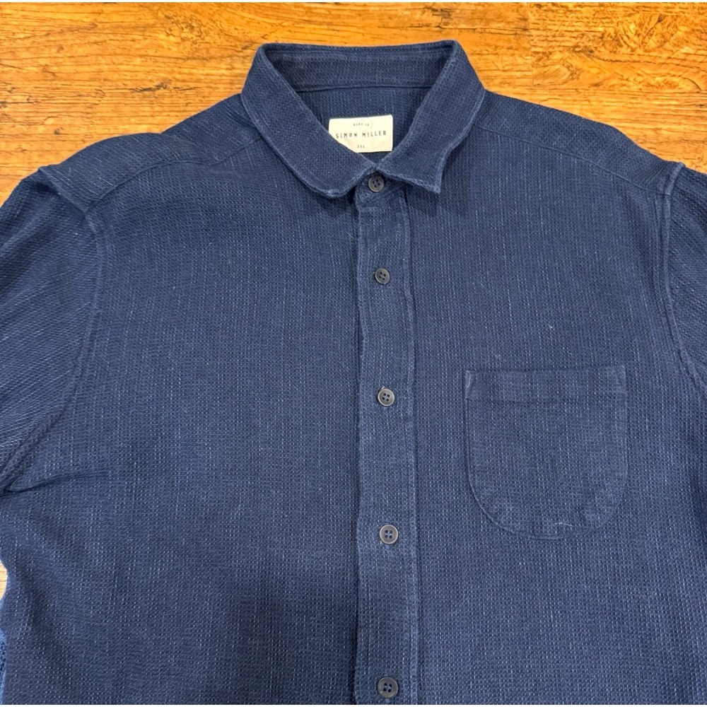 Simon Miller Blue Casual Preppy Work Waffle Knit Button Up Flannel Shirt Men's 3